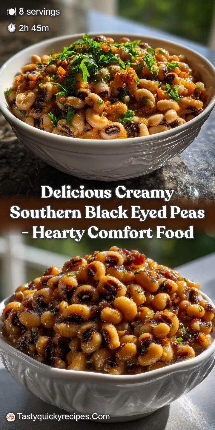 Close-up of steaming black-eyed peas, glistening with a creamy sauce and the subtle warmth of spices, offering a comfortin...