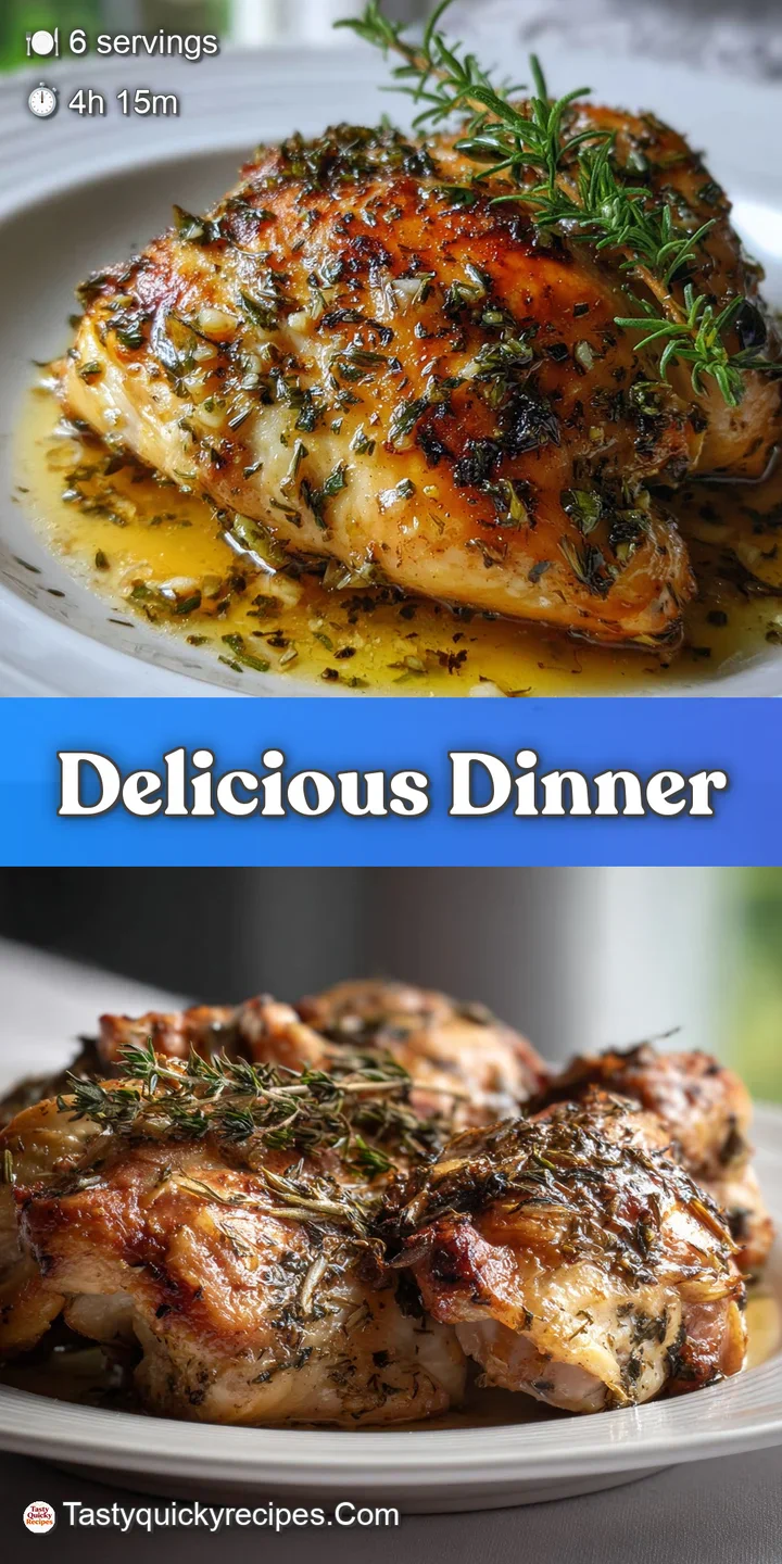 Close-up of a juicy, fall-off-the-bone chicken thigh, infused with fragrant herbs, glistening from a slow simmer in flavor...