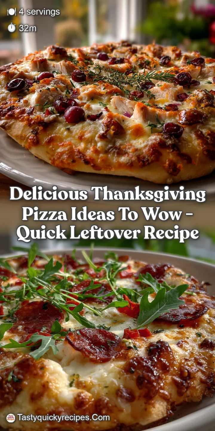 Close-up of a pizza slice revealing melted cheese, tender turkey pieces, and a vibrant medley of cranberry sauce and herb ...