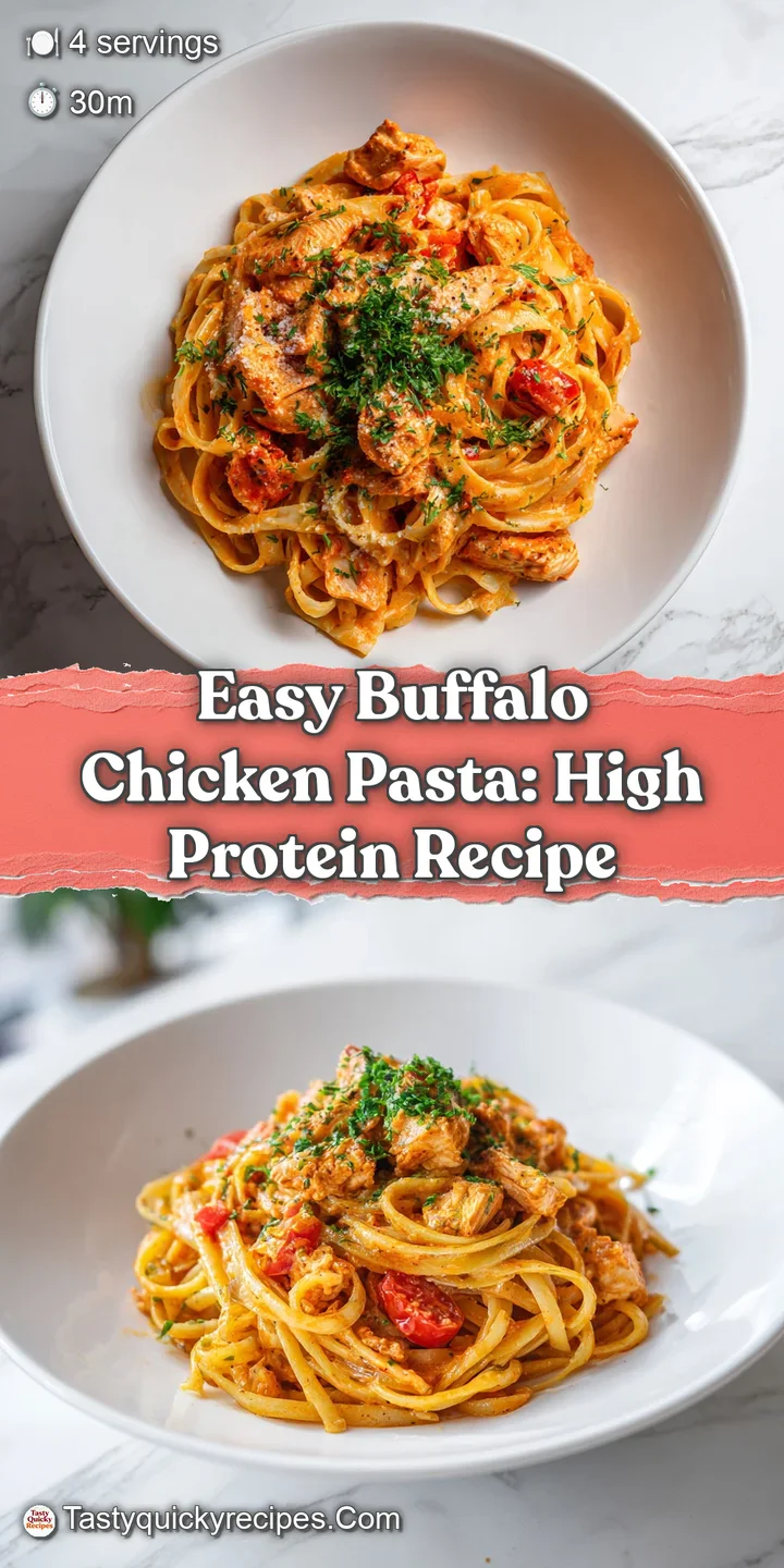 Close-up of glistening pasta coated in a tangy buffalo sauce, studded with tender chicken and flecks of green herbs.