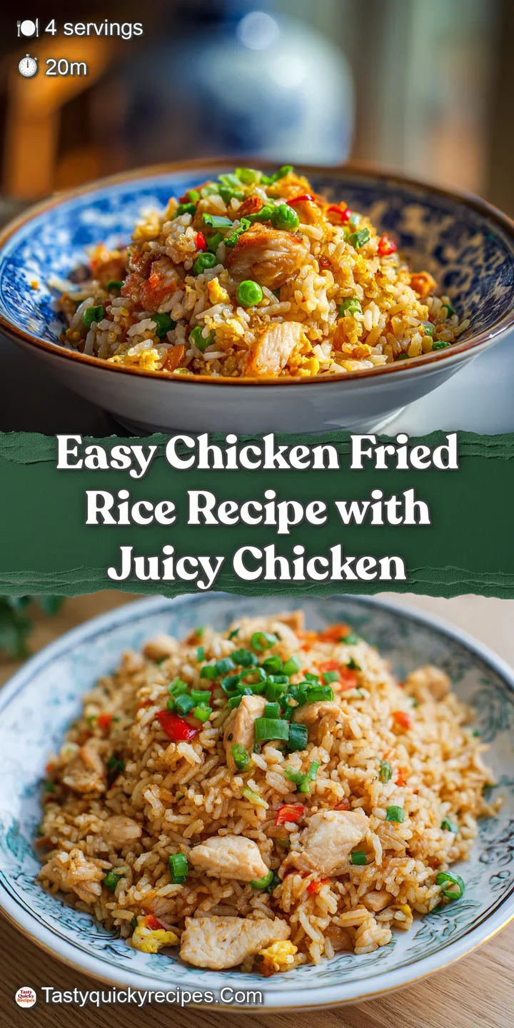 Close-up of chicken fried rice; glistening grains, juicy chicken pieces, bright green peas, and scrambled egg create an in...