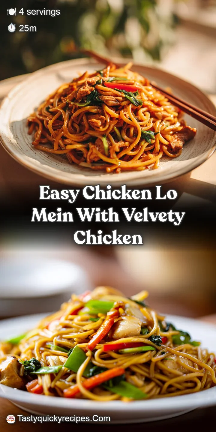 Close-up of perfectly cooked lo mein noodles with juicy chicken and crisp veggies glistening with savory sauce.