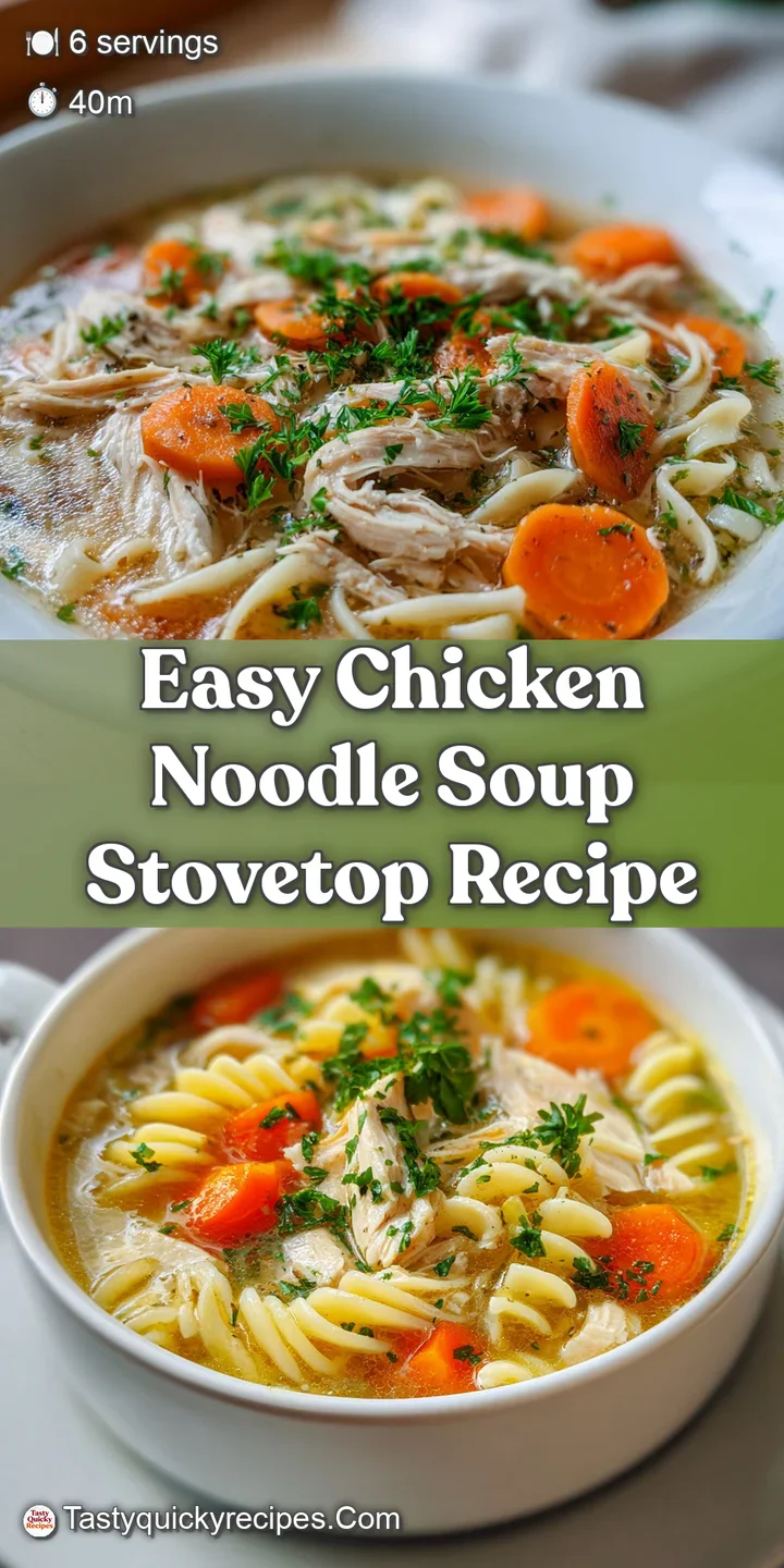 Close-up of tender chicken and plump noodles swimming in a rich, flavorful broth with colorful diced carrots and celery.