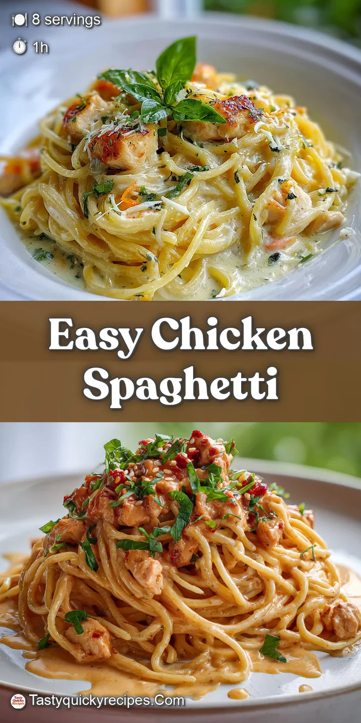 Close-up of glistening, creamy chicken spaghetti with melted cheese and juicy chicken chunks. Irresistibly inviting.