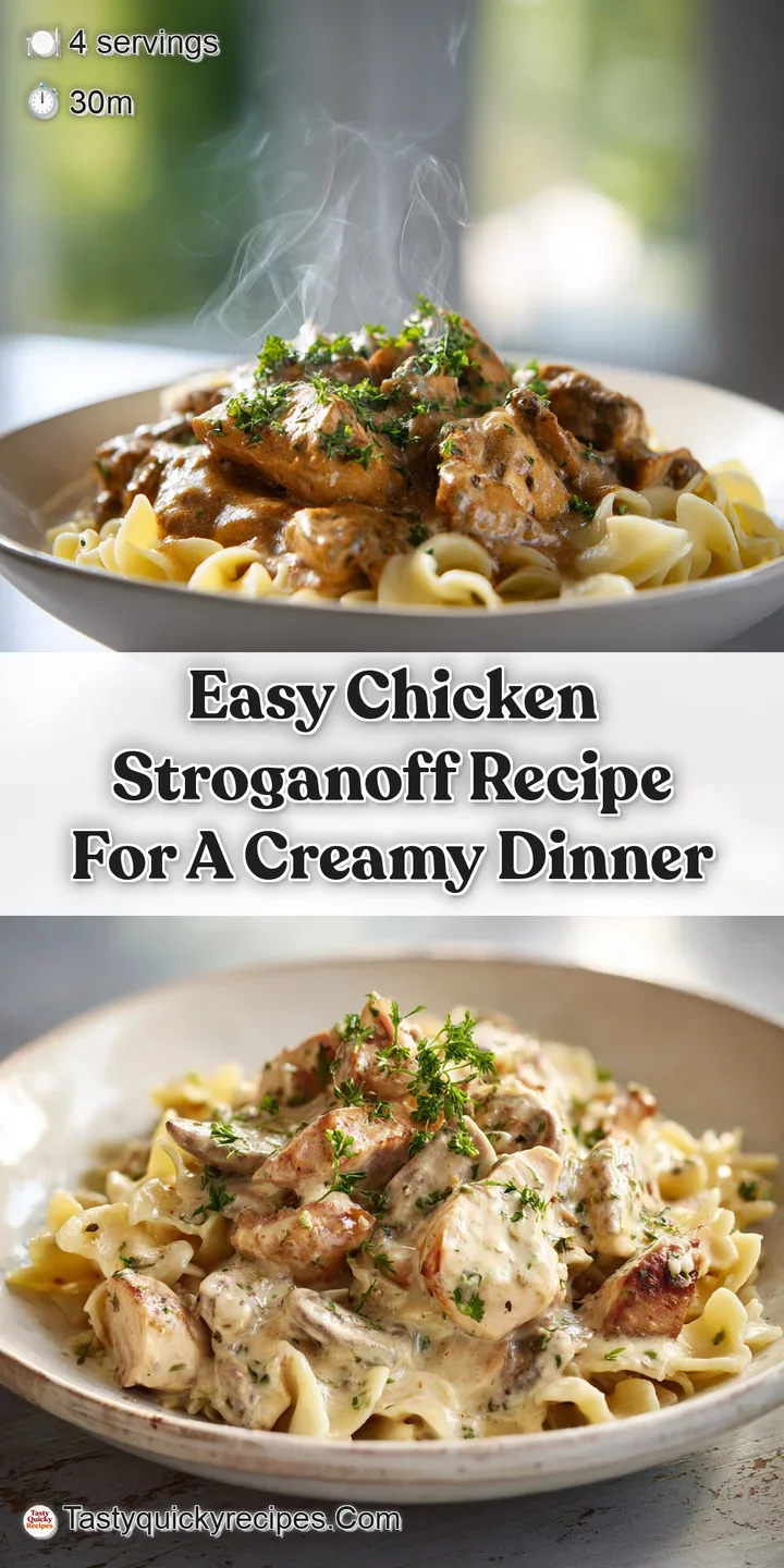 Close-up of glistening chicken stroganoff. Notice the rich, creamy texture, tender chicken, and fresh parsley garnish.