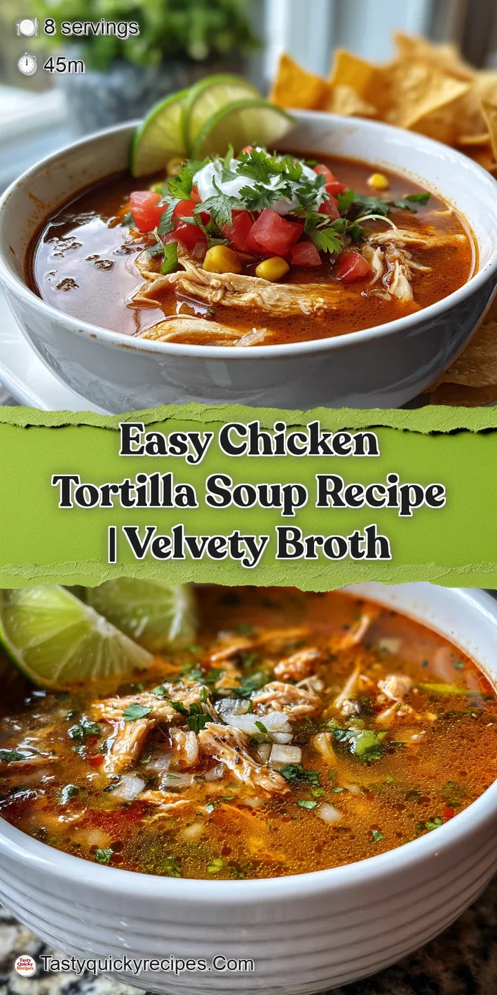 Close-up of steamy chicken tortilla soup with tender chicken, bright corn, and a swirl of sour cream. A comforting and inv...