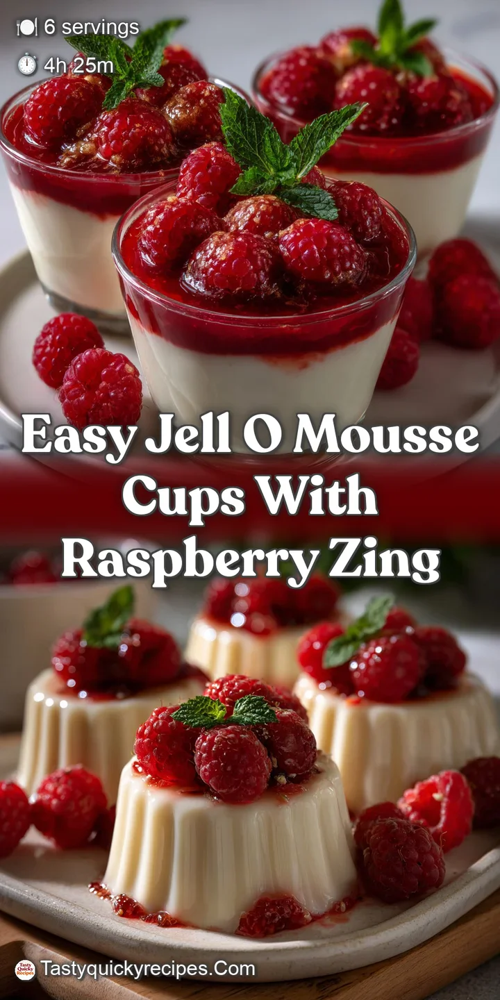 Close-up of a Jell-O mousse cup. The vibrant pink mousse is light and fluffy, garnished with a fresh red raspberry for a p...