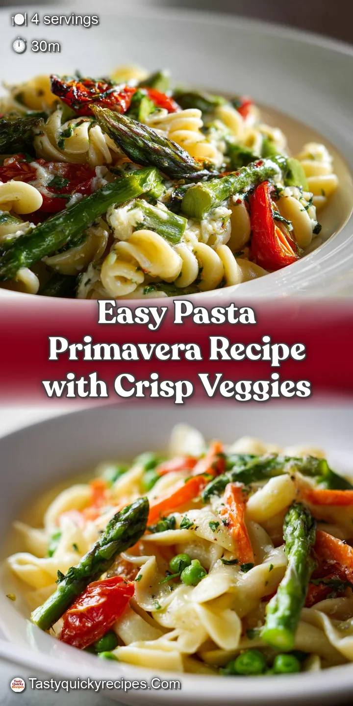 Close-up of pasta primavera highlighting al dente noodles, crisp veggies, and glistening sauce, inviting a delicious bite.