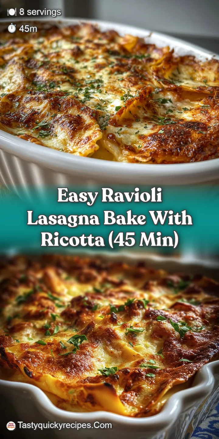 Close-up of ravioli lasagna: melted mozzarella with browned edges, vibrant tomato sauce bubbling between pasta pillows.