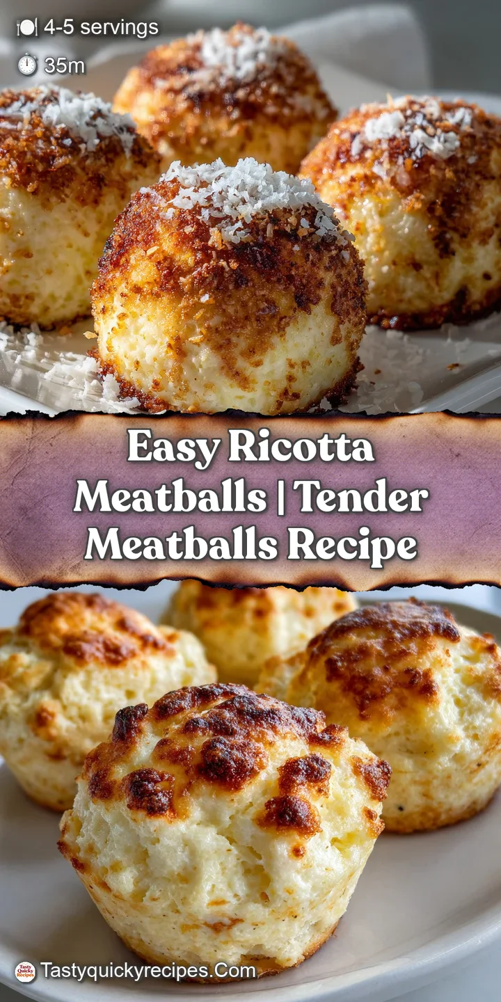 Close-up reveals moist, perfectly browned ricotta meatballs swimming in a luscious, thick tomato sauce. Steam gently rises.