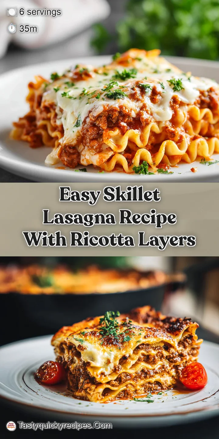 Close-up view of bubbling, cheesy skillet lasagna, showcasing the rich layers of pasta, sauce, and savory filling. Delicio...