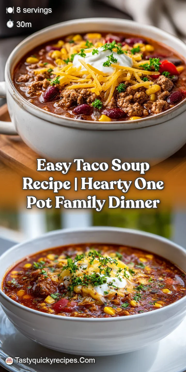 Close-up of hearty taco soup with ground beef, beans, and corn. Melty cheese and herbs glisten in the warm light.