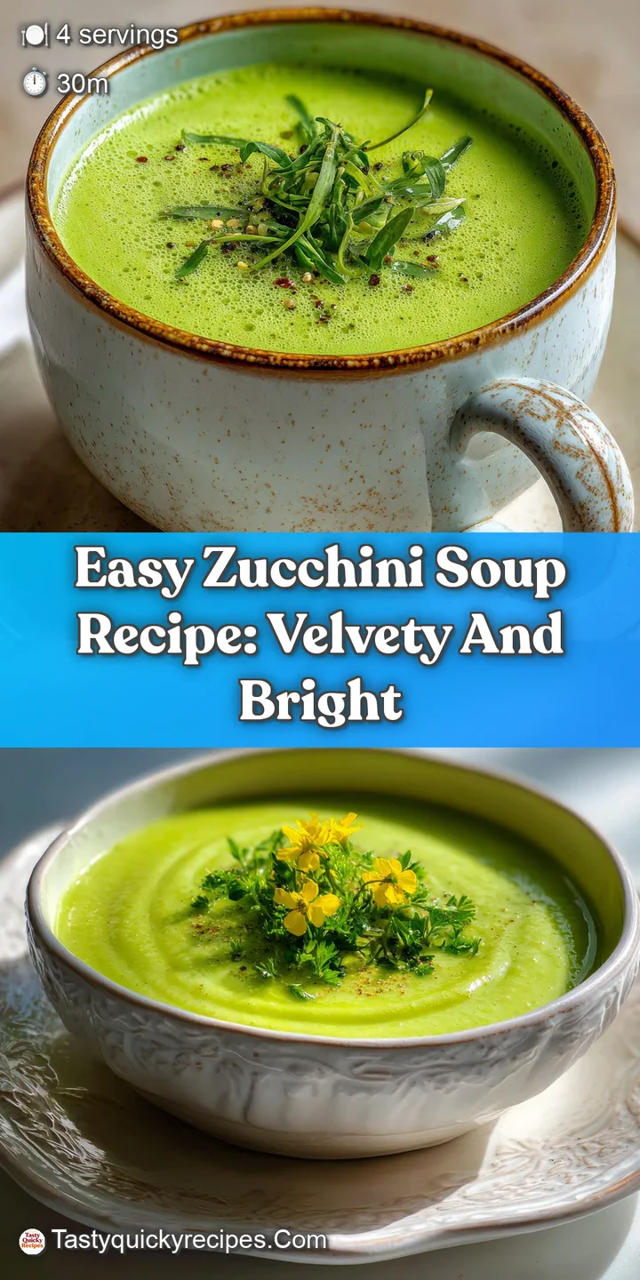 Close-up of vibrant green zucchini soup, highlighting the creamy texture and fresh herb garnish. Warm, comforting, and inv...