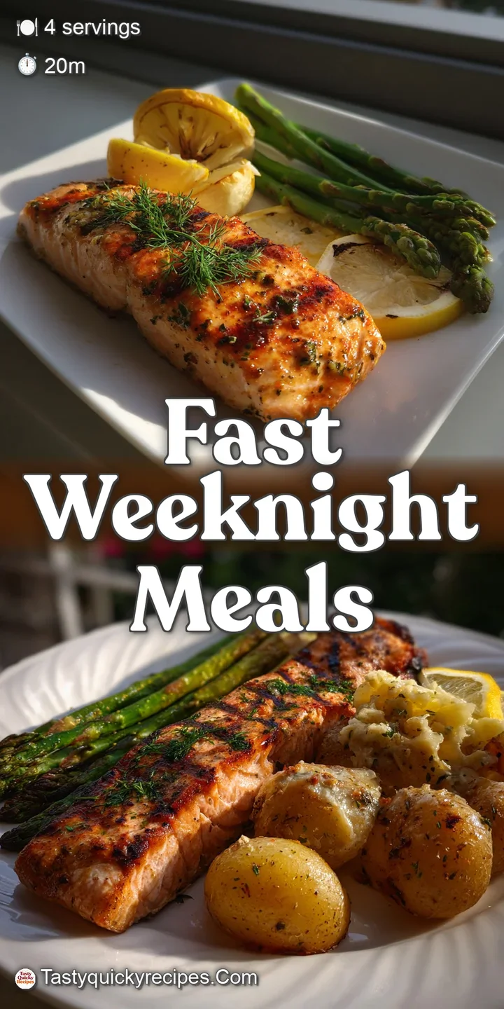 Close-up of glistening salmon with grill marks, flaking easily, alongside tender asparagus and a bright lemon slice.