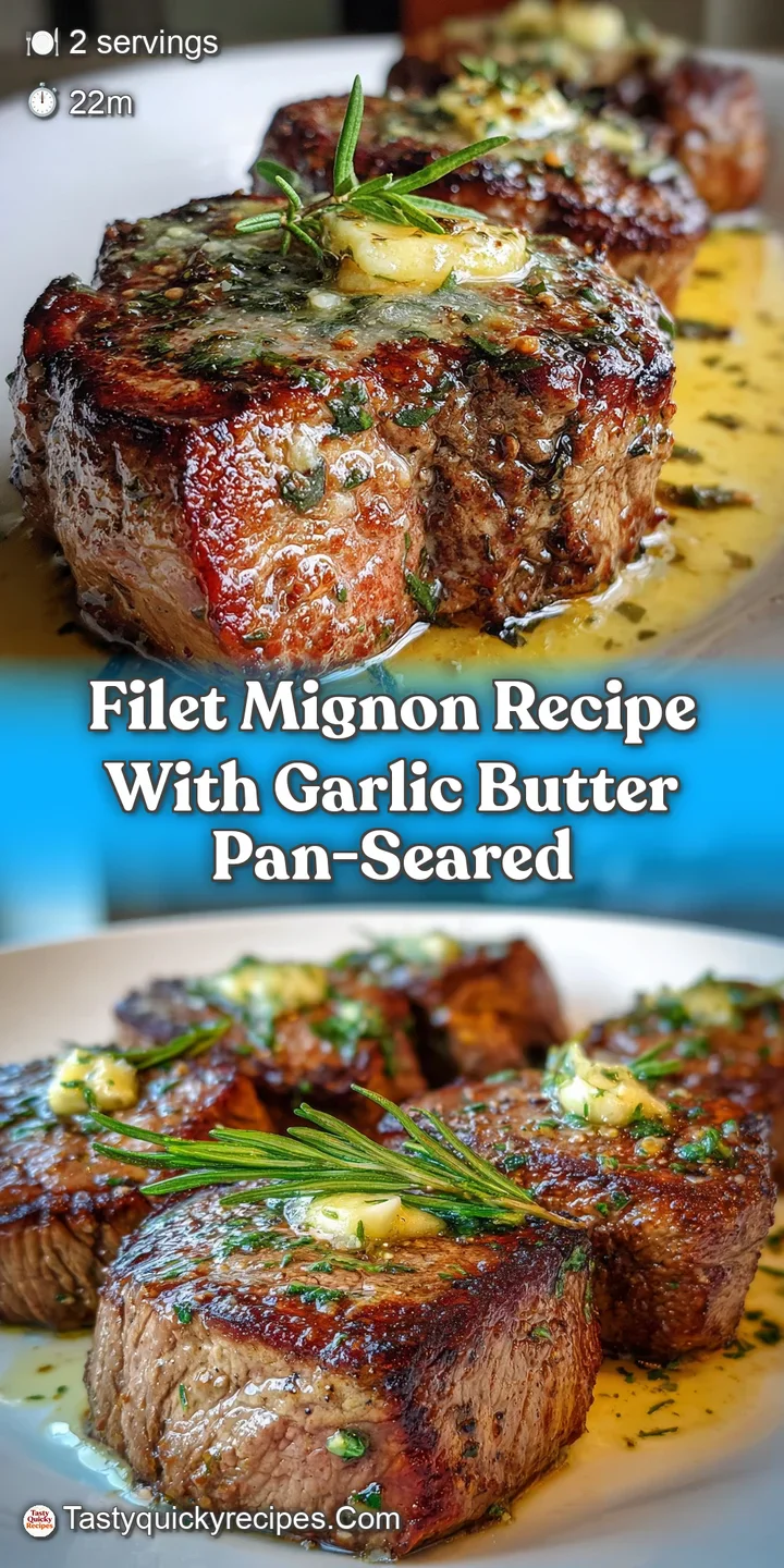 Close-up reveals the deeply browned, flavorful crust of a filet mignon, topped with glistening, fragrant garlic butter and...