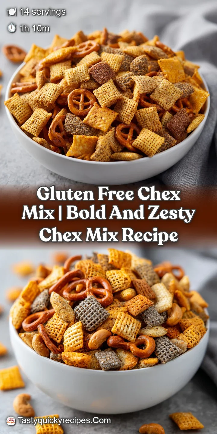 Close-up of savory Chex mix. Textures abound: crispy cereal, pretzels, and crunchy nuts. A savory snacking adventure!