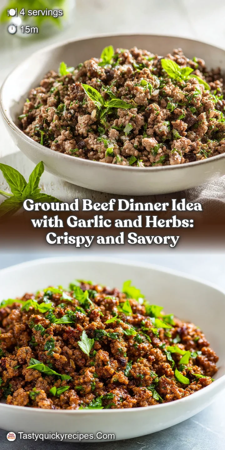 Close-up of savory ground beef with glistening bits of garlic and fresh herb specks. Hints of steam suggest it's freshly c...