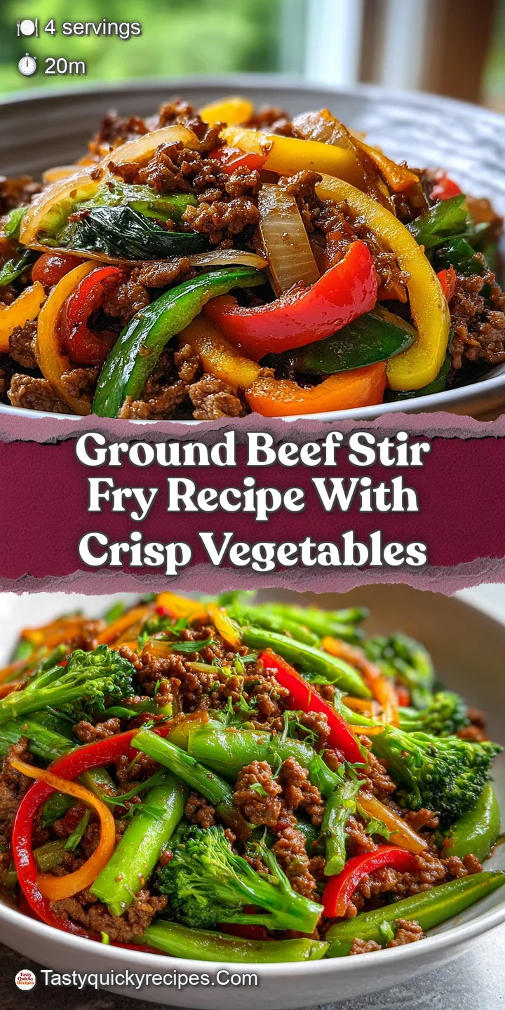 Close-up shows the glossy, savory ground beef and crisp-tender vegetables in rich sauce of the stir-fry. Delicious and inv...