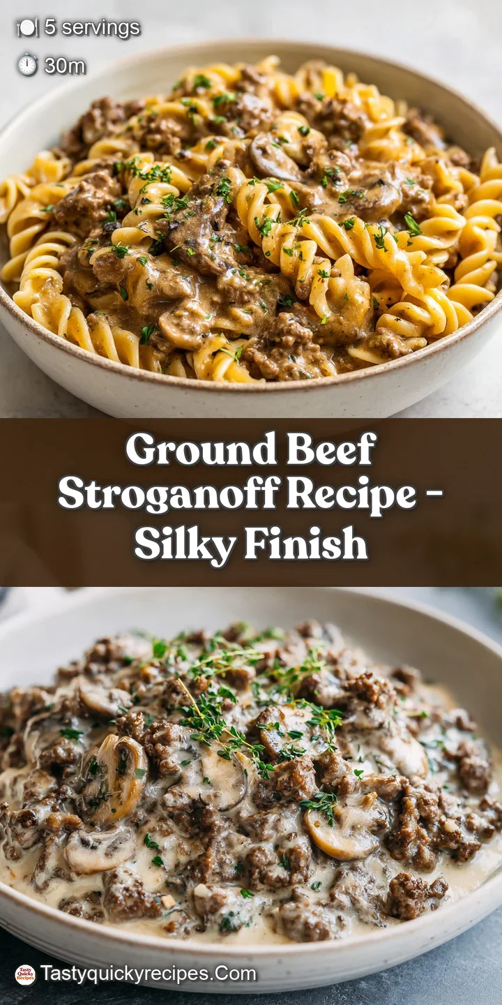 Close-up of tender beef and creamy mushroom sauce clinging to egg noodles, highlighting the dish's rich texture and savory...