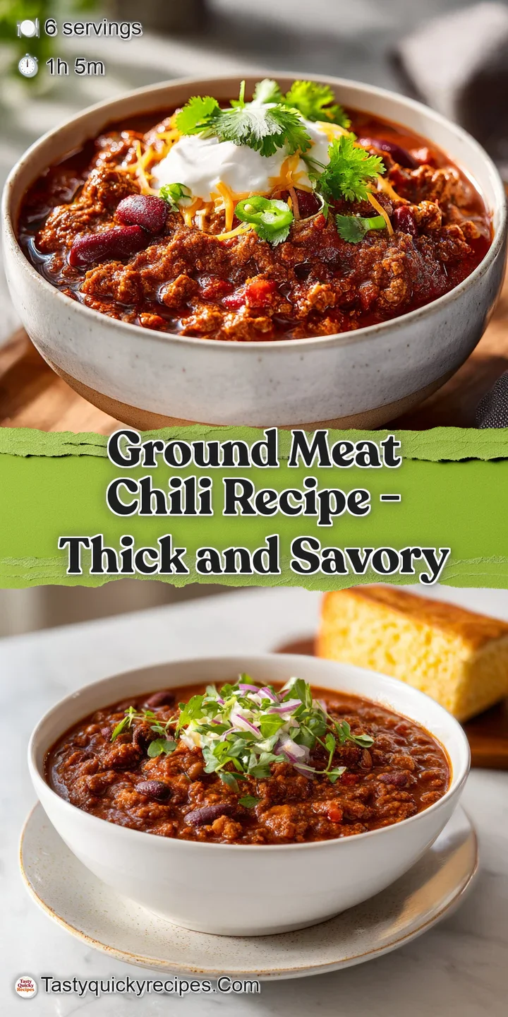 Close-up of steaming chili, the rich sauce glistening, with chunks of tender ground beef and plump beans visible in the bowl.