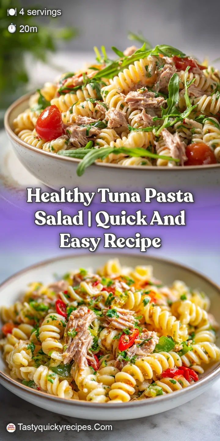 Close-up of creamy tuna pasta salad. Flaky tuna, al dente pasta, vibrant herbs, and a tangy dressing create a delightful m...