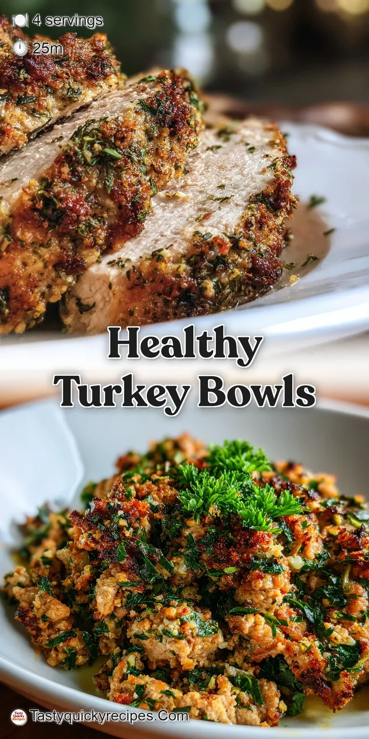 Close-up of savory ground turkey, glistening with juices, flecked with herbs & garlic, tempting and ready to eat.