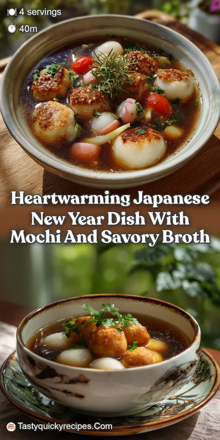 Close-up of the dish reveals tender mochi, a rich broth, and fresh garnishes, inviting textures and a warm, comforting feel.