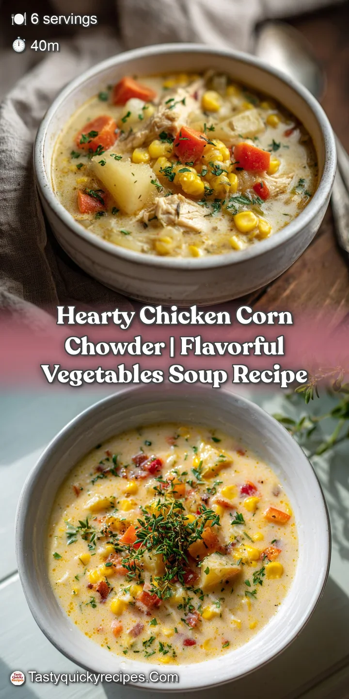 Close-up of glistening kernels of corn and tender chicken in thick, rich chowder, hinting at warmth and deliciousness.