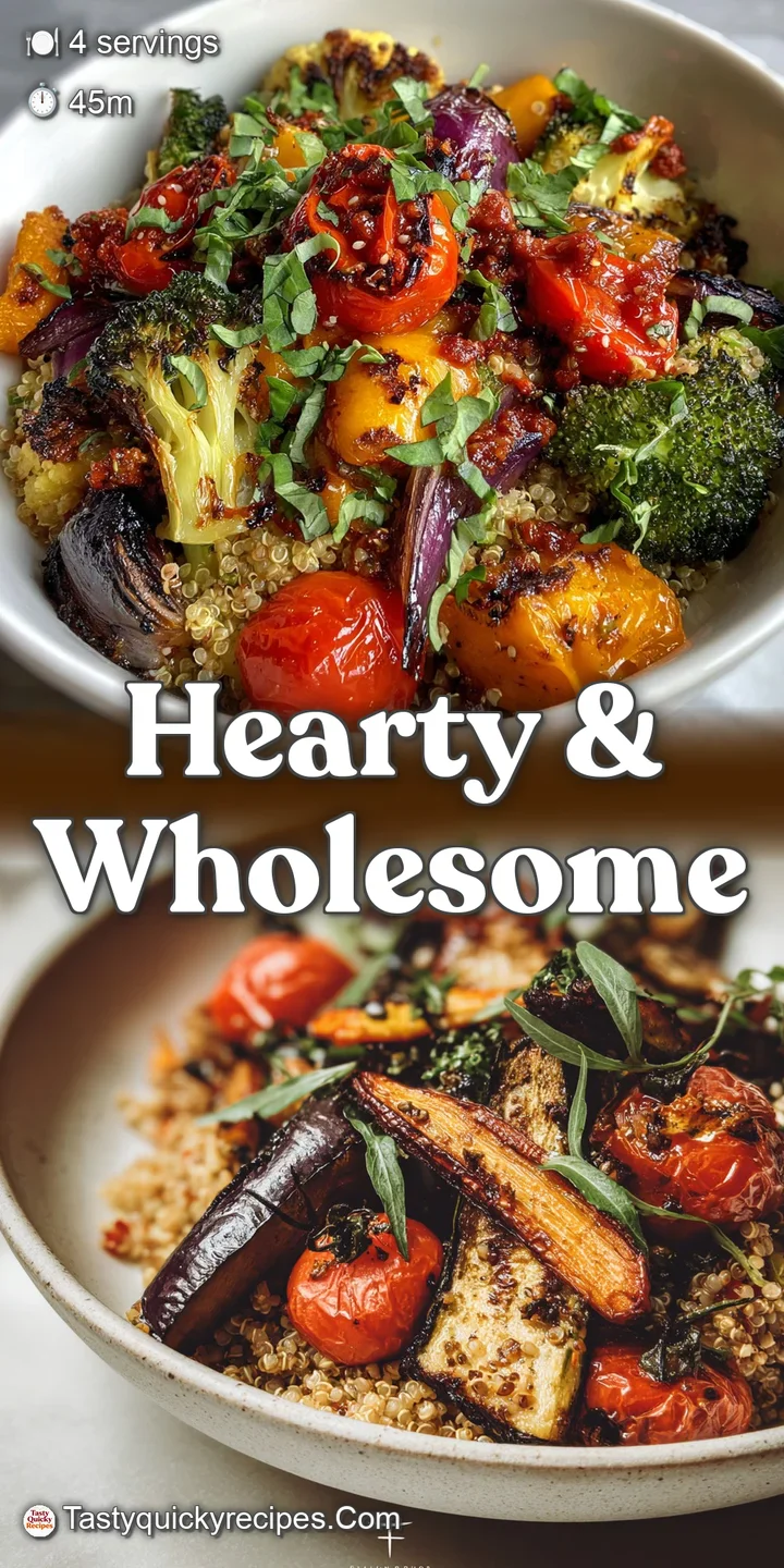 Close-up capturing the vibrant colors and textures of roasted vegetables and quinoa, a healthy and satisfying meal that in...