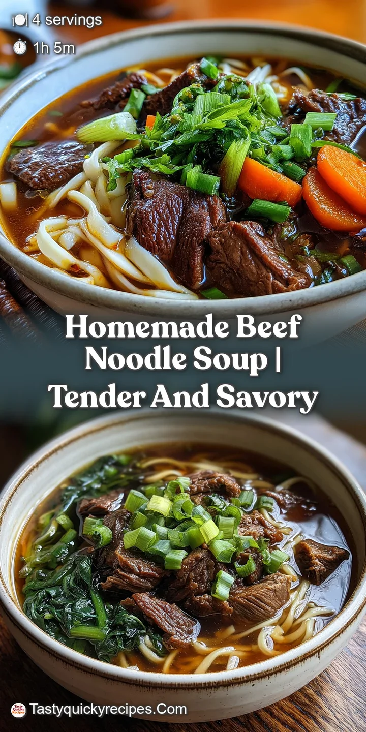 Close-up of savory beef noodle soup, the beef slices are tender, noodles gleam, and broth looks rich and comforting.