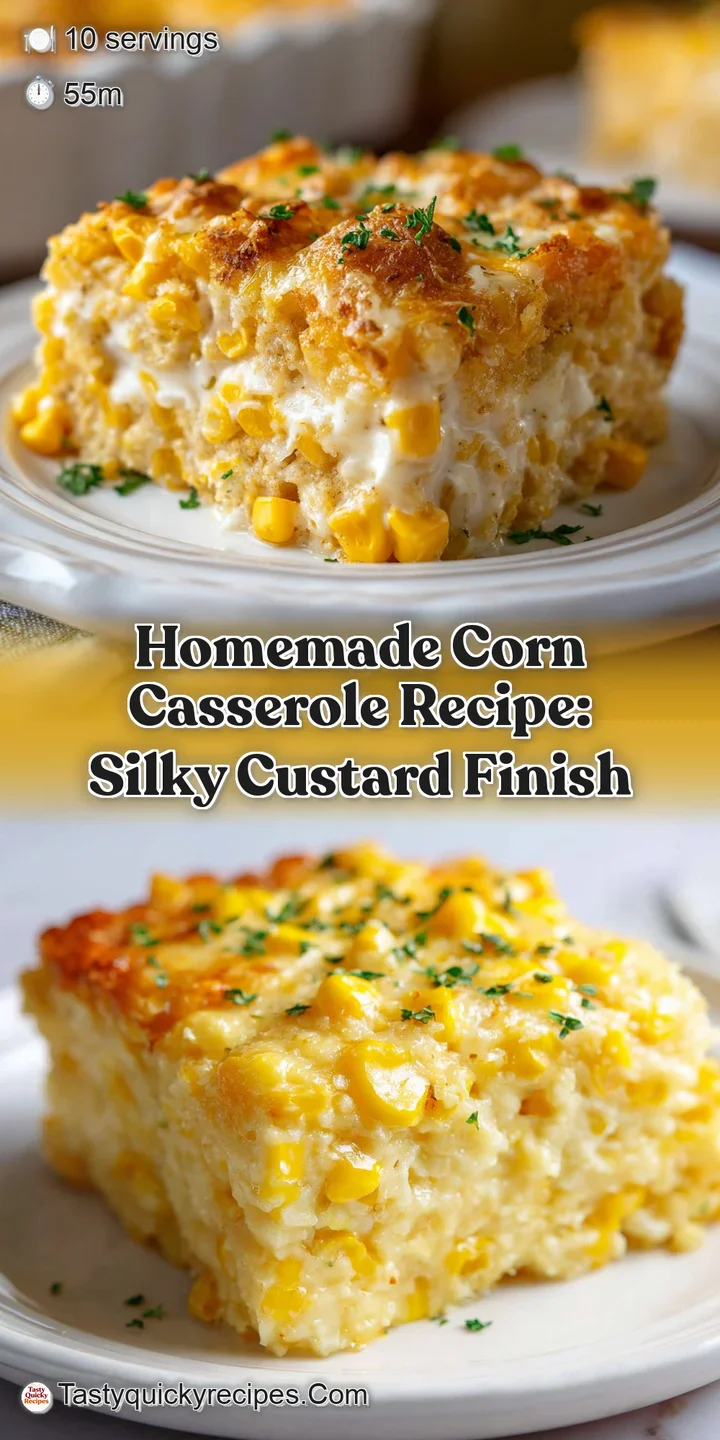 Close-up of corn casserole reveals its creamy texture, tender kernels, and a lightly caramelized crust, practically melts ...