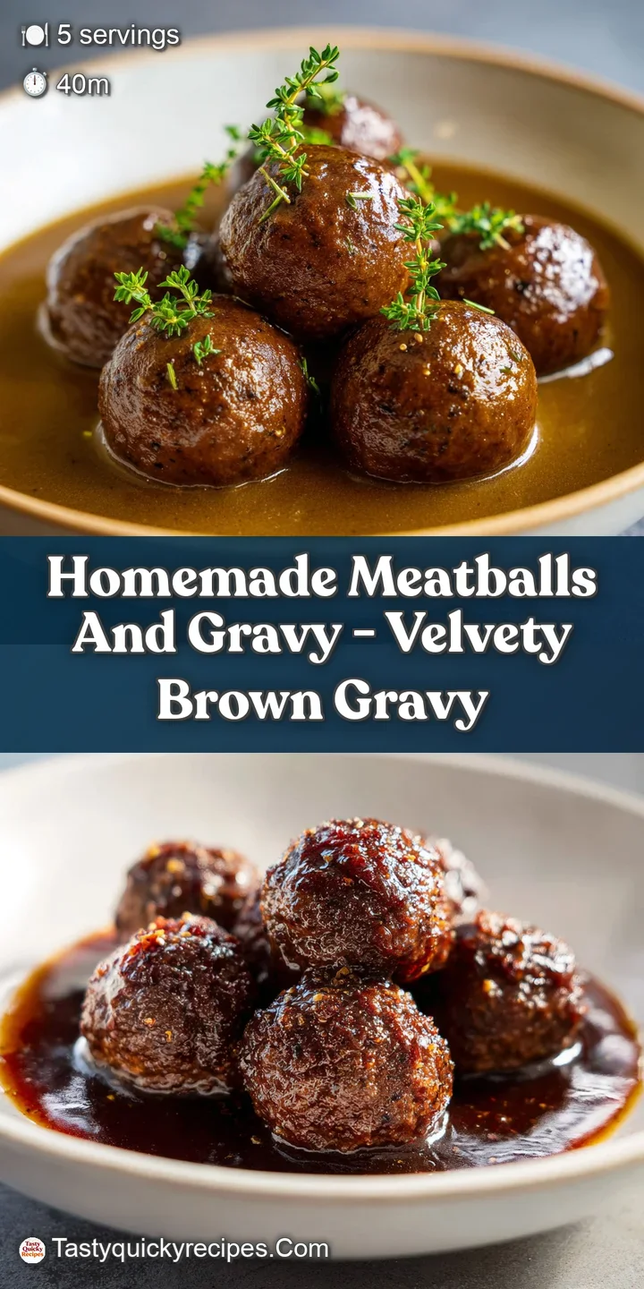 Close-up of tender meatballs glistening in a luscious, dark gravy. Hints of herbs and spices add visual appeal and texture.