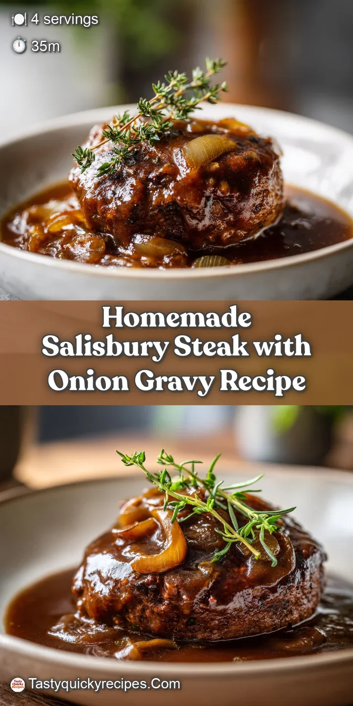 Close-up captures a juicy Salisbury steak simmering in deeply colored onion gravy, invitingly glistening with savory juices.
