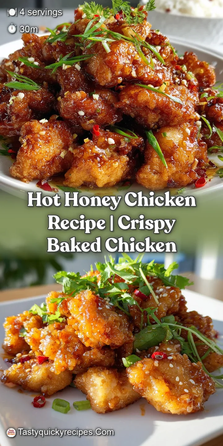 Close-up of a glistening, perfectly baked chicken piece, the sticky hot honey coating creating a tempting, mouthwatering t...