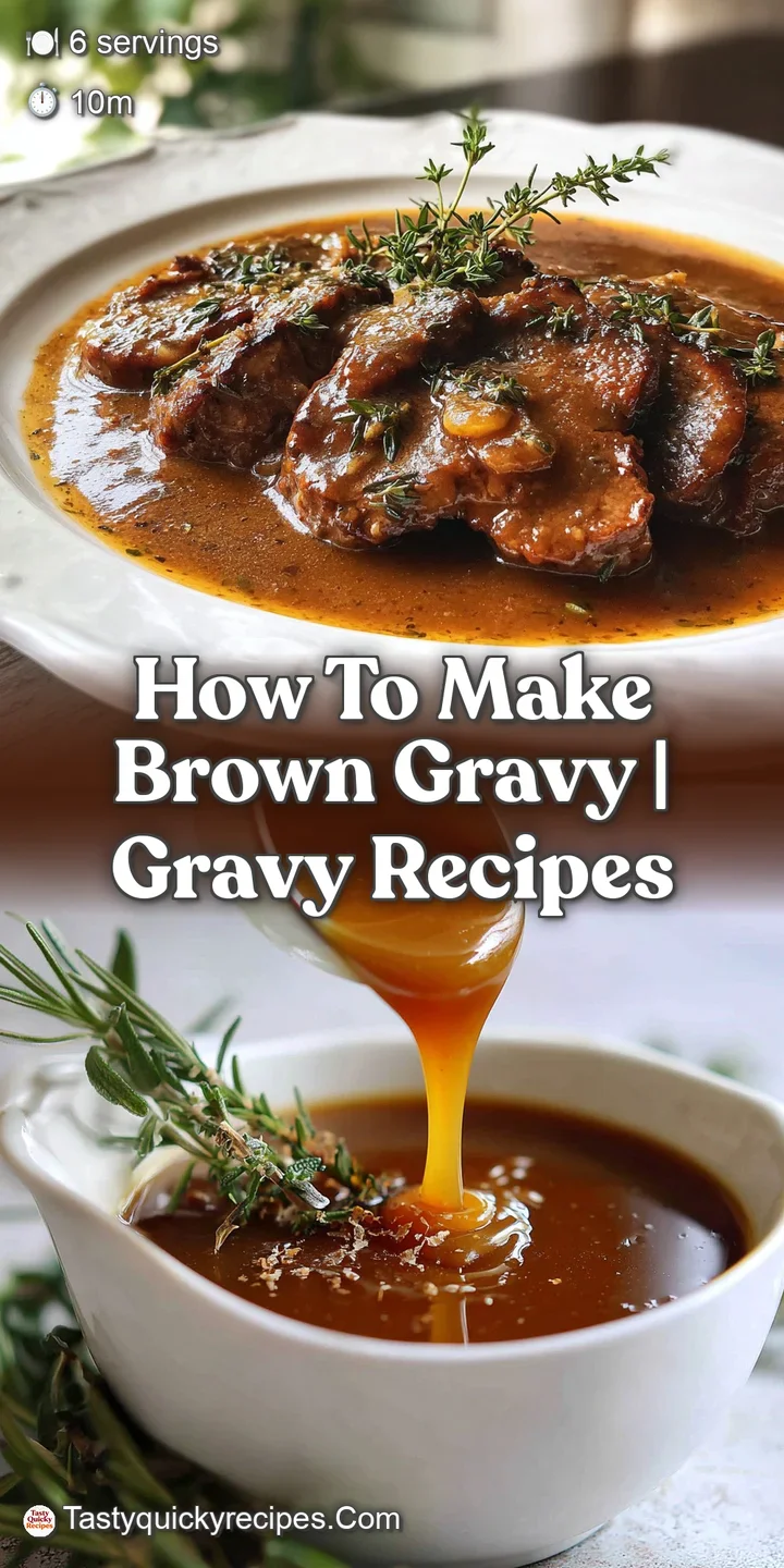 Close-up of thick, glistening brown gravy. Visible texture and specks of herbs create an inviting image.
