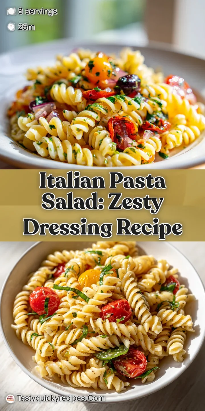 Close-up of Italian pasta salad: glossy dressing coats plump pasta, juicy tomatoes, and fresh basil. Summer flavors!