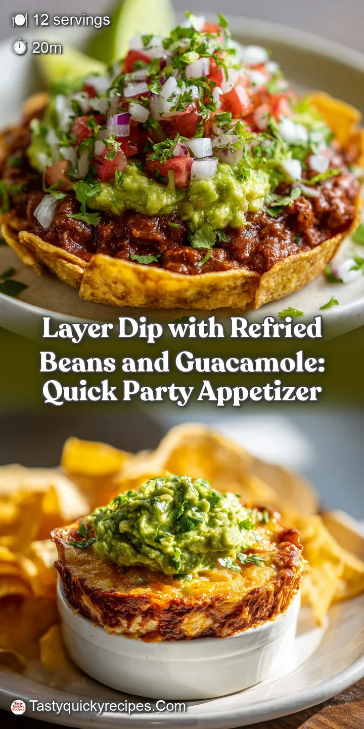 Close-up of a creamy, layered dip showcasing the smooth texture of refried beans and dollops of sour cream and colorful to...