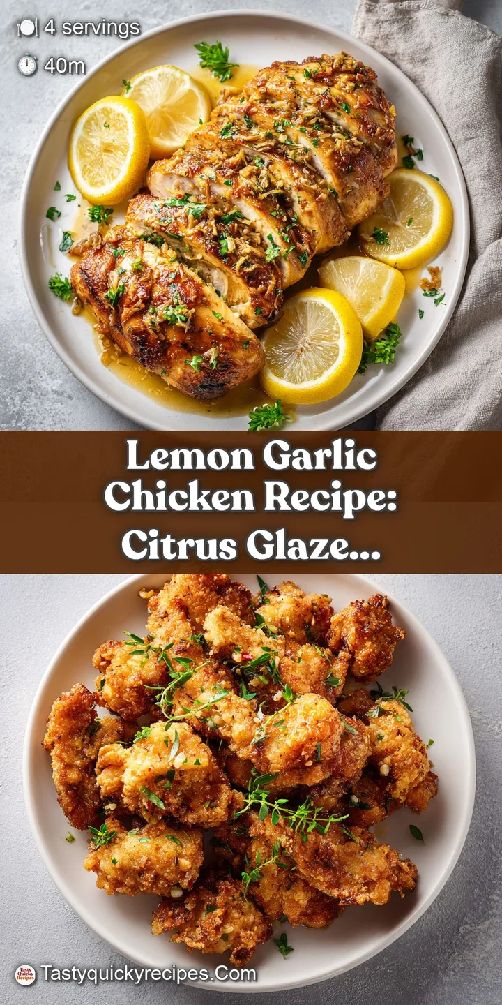 Close-up of juicy lemon garlic chicken. Golden-brown skin glistening under a light sauce, herbs scattered on top, very app...