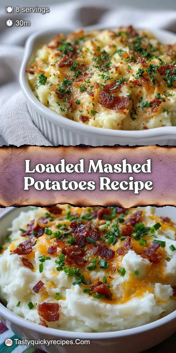 Close-up of rich, creamy mashed potatoes studded with crispy bacon bits, shredded cheddar, and vibrant green chives. So de...