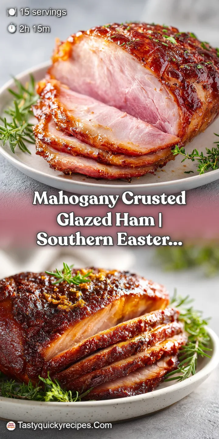 Close-up of tender ham slices, showcasing the deep mahogany crust and a shimmering, sweet glaze.