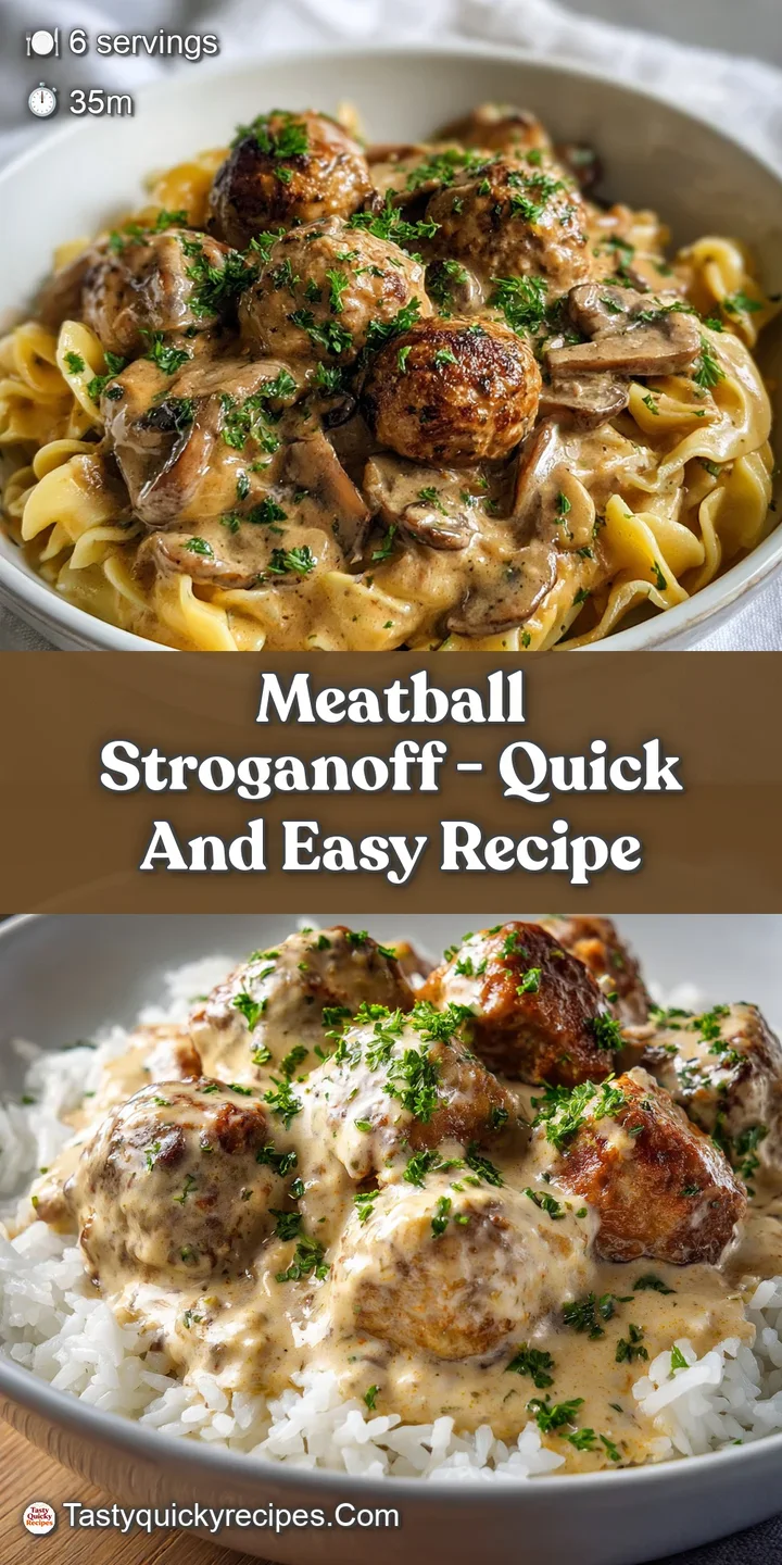 Close-up of glistening meatballs and a rich, textured sour cream sauce. Inviting comfort food with flecks of herbs.