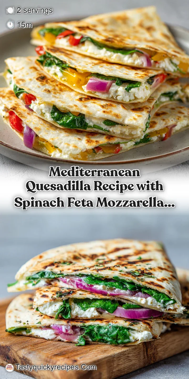 Close-up of a crispy, golden quesadilla wedge revealing gooey melted feta and tender spinach leaves.