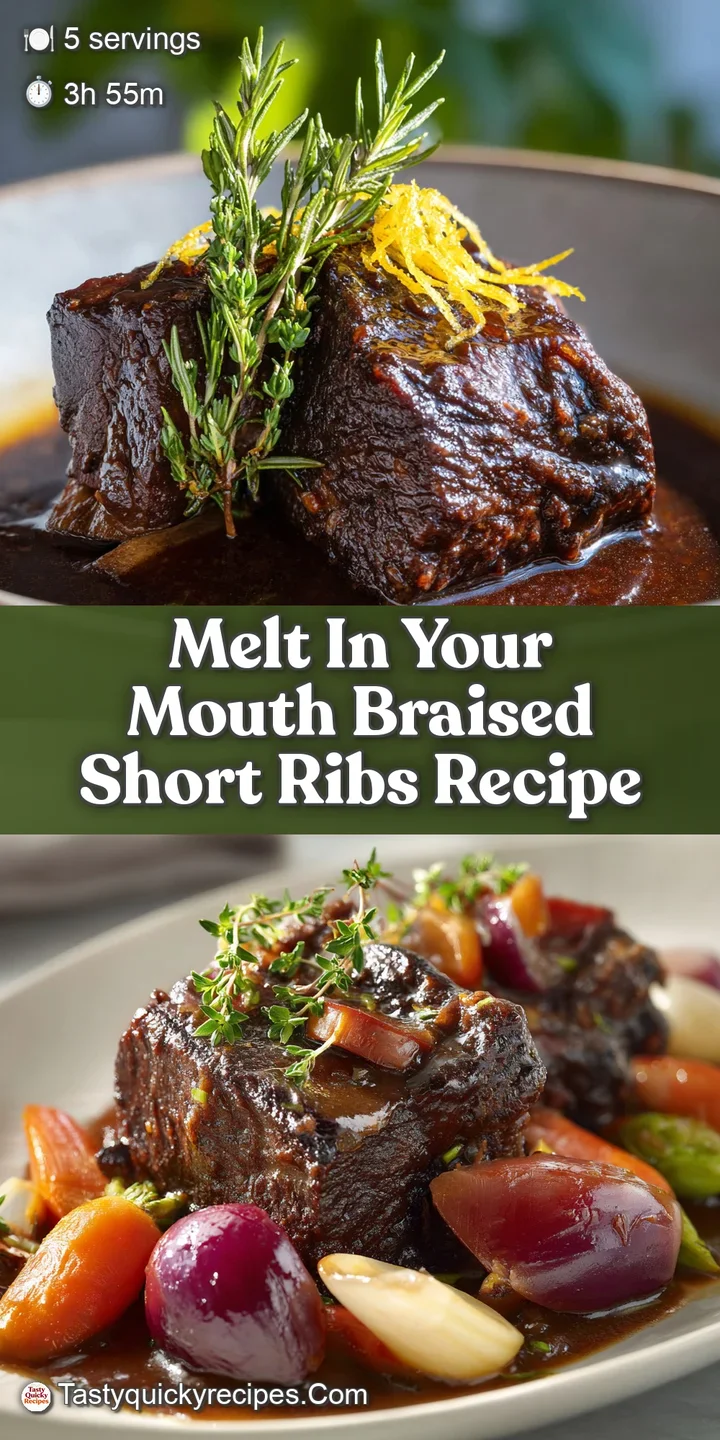 Close-up of fork tender braised beef ribs, glistening with rich sauce, showing the juicy, fall-apart texture of the meat.