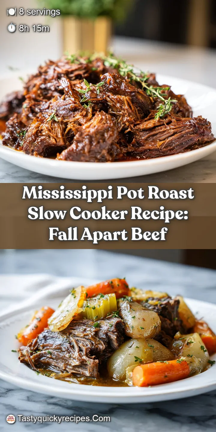 Close-up of juicy, fall-apart Mississippi pot roast, overflowing with tender shredded beef, speckled peppers and soft onio...