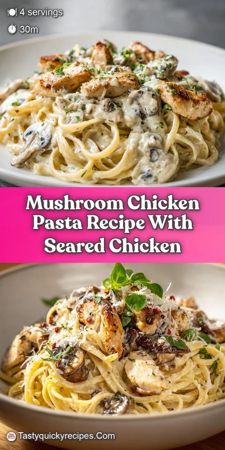 Close-up of glistening pasta coated in a velvety, savory sauce, with juicy chicken and earthy mushrooms, ready to enjoy.