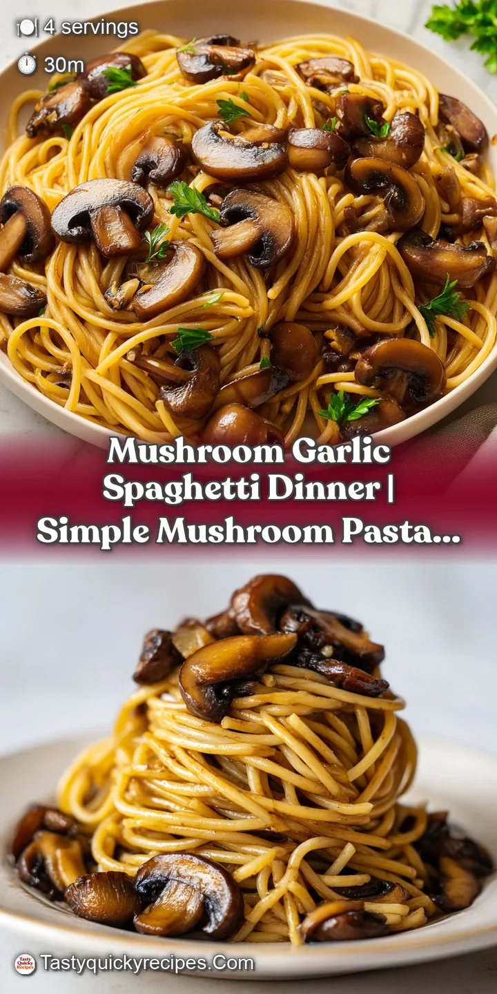 Macro shot of glistening noodles mixed with golden-brown saut&eacute;ed mushrooms and aromatic minced garlic pieces.