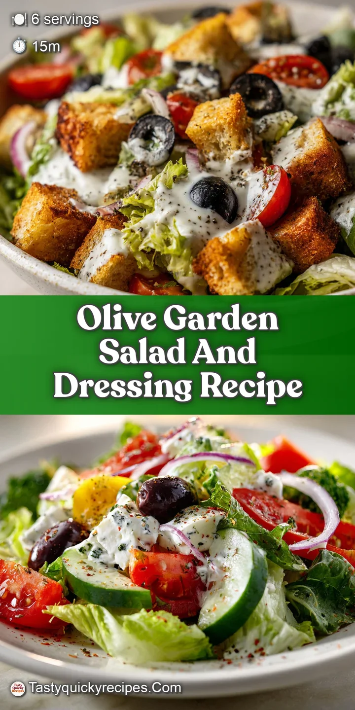 Close-up of glistening romaine lettuce, ripe tomato wedges, and crunchy croutons coated in a rich, tangy dressing. Olives ...