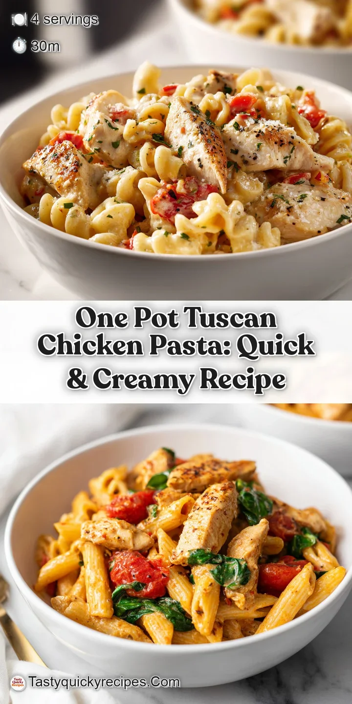 Close-up of Tuscan chicken pasta: tender chicken, bright spinach, and sun-dried tomatoes coated in a rich, creamy sauce.