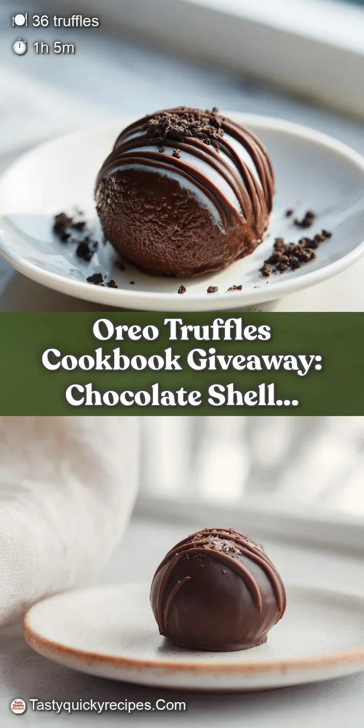 Close-up reveals a smooth, dark chocolate Oreo truffle with a delicate white chocolate drizzle, showcasing its rich texture.