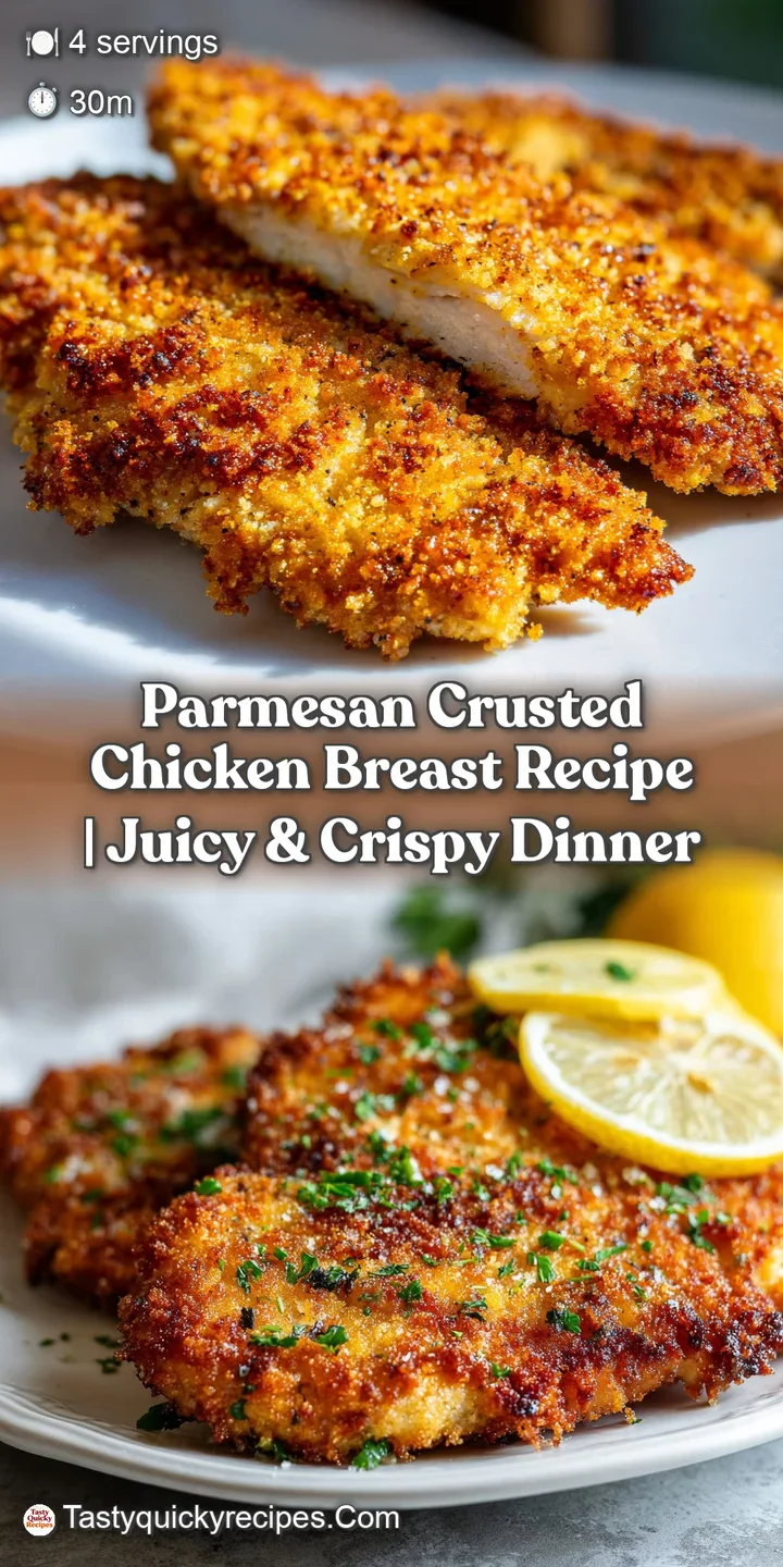 Close-up of golden, crispy parmesan crust on juicy chicken. The browned cheese glistens, promising a burst of savory flavo...